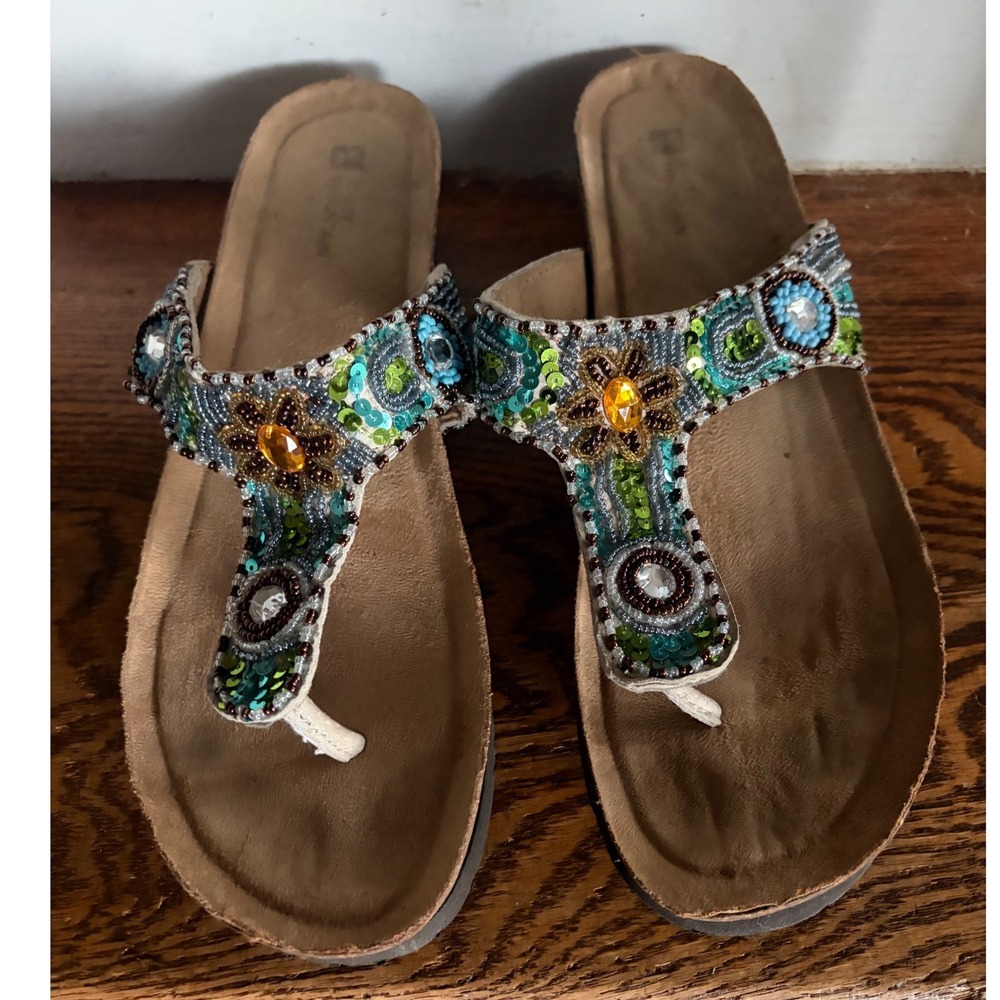 White Mountain Beaded Wedge Sandals Womens Turquoise Green Boho Platform Thong
